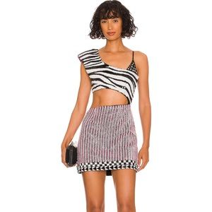 Retrofete Black White Zebra One-Shoulder Crop Top & Pink Black Mini Skirt Set